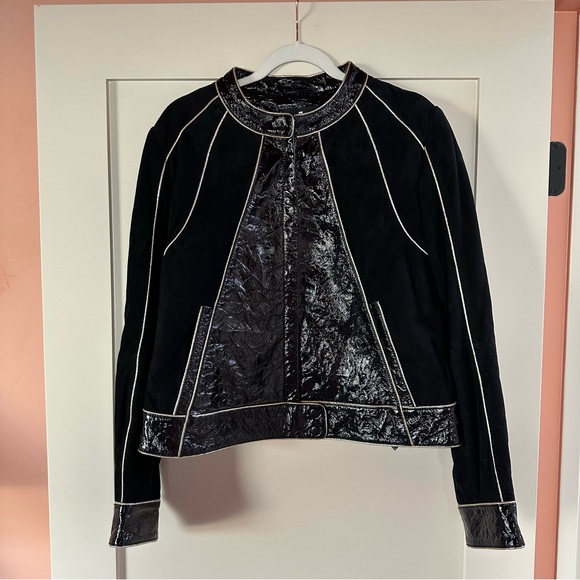 7 For All Mankind Jackets & Blazers - 7 For All Mankind Black and White Leather Jacket with Architectural Stitching